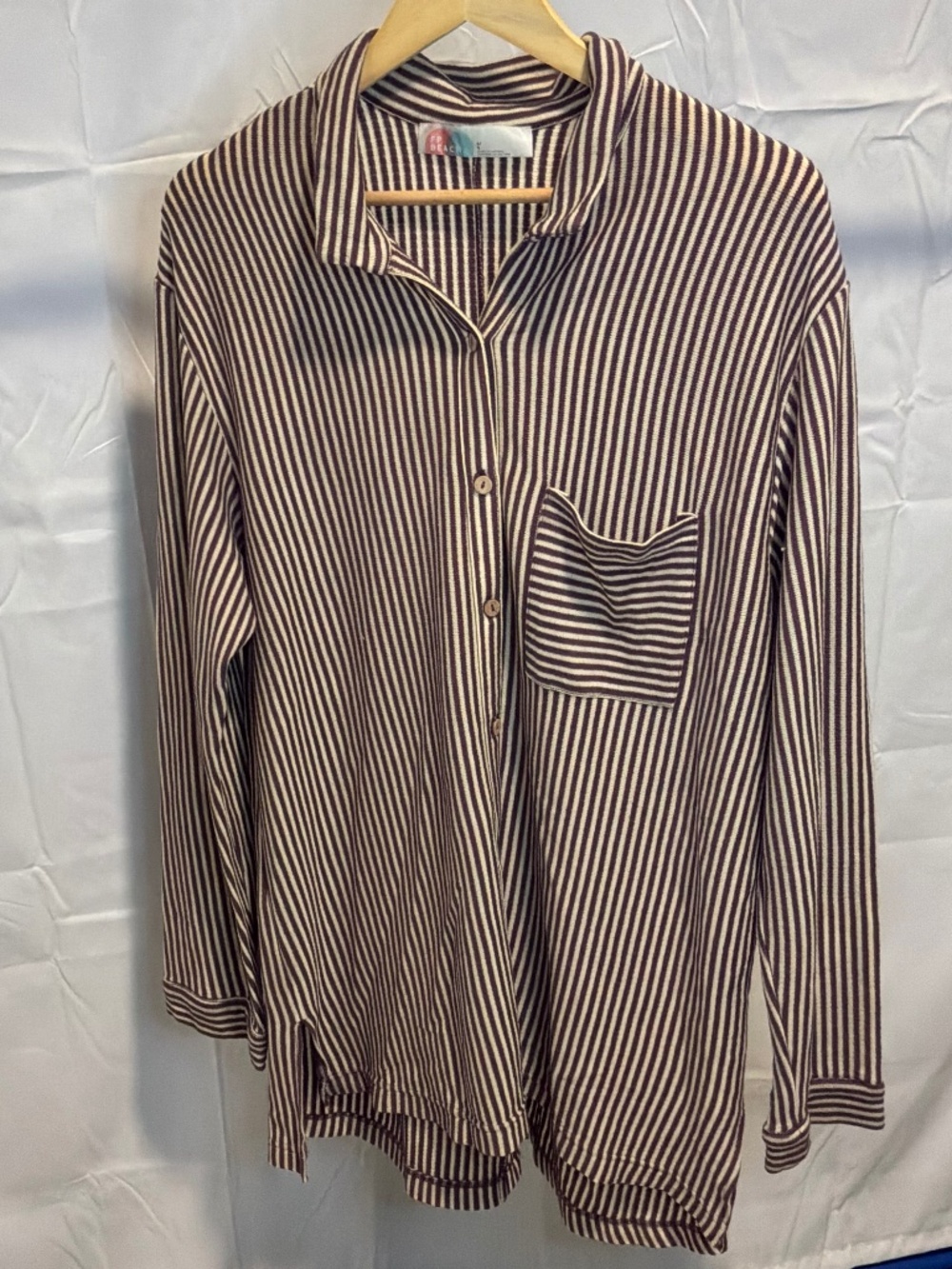 Free People Beach Chocolate Striped Jersey Knit Button Up Shirt - size L
